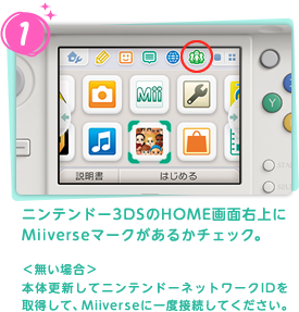 1.ニンテンドー3DSのHOME画面右上にMiiverseマークがあるかチェック。＜無い場合＞本体更新してニンテンドーネットワークIDを取得して、Miiverseに一度接続してください。