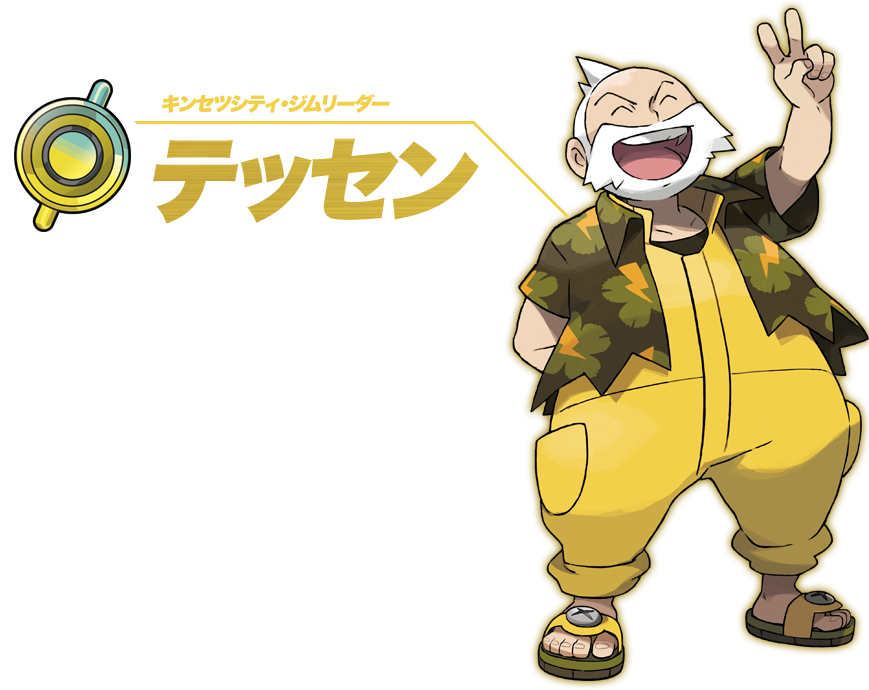 キンセツシティ・ジムリーダー テッセン。使用するポケモンのタイプは「でんき」。いろんな人が集まる町で生まれ育ったので、社交的な性格。人と話しているだけで、うれしくなってしまう。笑うと健康にいい、というのが持論。