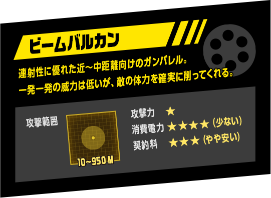ビームバルカン：連射性に優れた近～中距離向けのガンバレル。一発一発の威力は低いが、敵の体力を確実に削ってくれる。 攻撃範囲：10〜950M 攻撃力：★ 消費電力：★★★★（少ない） 契約料：★★★（やや安い）