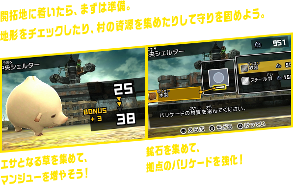開拓地に着いたら、まずは準備。地形をチェックしたり、村の資源を集めたりして守りを固めよう。 エサとなる草を集めて、マンジューを増やそう！ 鉱石を集めて、拠点のバリケードを強化！