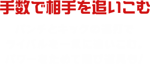 手数で相手を追いこむ パンチとキックの連打でライバルを一気に追いこむ。パワーをためて飛び道具も！