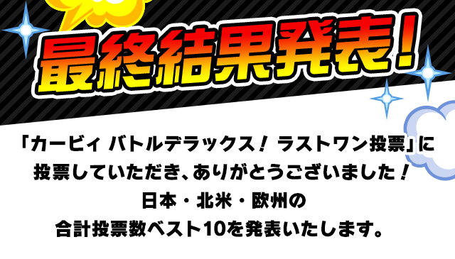 最終結果発表！ 「カービィ バトルデラックス！ ラストワン投票」に投票していただき、ありがとうございました！⽇本・北⽶・欧州の合計投票数ベスト10を発表いたします。