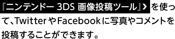 『ニンテンドー3DS画像投稿ツール』を使って、TwitterやFacebookに写真やコメントを投稿することができます。