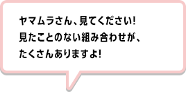 ヤマムラさん、見てください！見たことのない組み合わせが、たくさんありますよ！