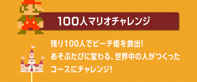 100人マリオチャレンジ　残り100人でピーチ姫を救出！あそぶたびに変わる、世界中の人がつくったコースにチャレンジ！