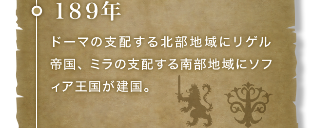 189年 ドーマの支配する北部地域にリゲル帝国、ミラの支配する南部地域にソフィア王国が建国。