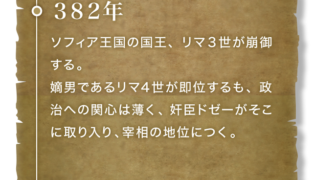 382年 ソフィア王国の国王、リマ３世が崩御する。嫡男であるリマ４世が即位するも、政治への関心は薄く、奸臣ドゼーがそこに取り入り、宰相の地位につく。