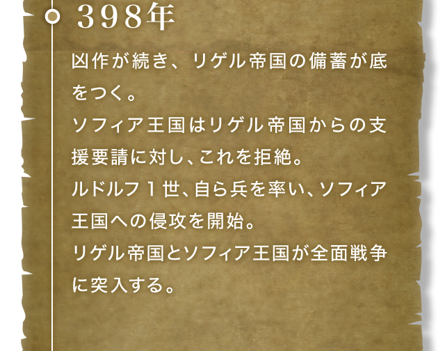 398年 凶作が続き、リゲル帝国の備蓄が底をつく。ソフィア王国はリゲル帝国からの支援要請に対し、これを拒絶。ルドルフ1世、自ら兵を率い、ソフィア王国への侵攻を開始。リゲル帝国とソフィア王国が全面戦争に突入する。