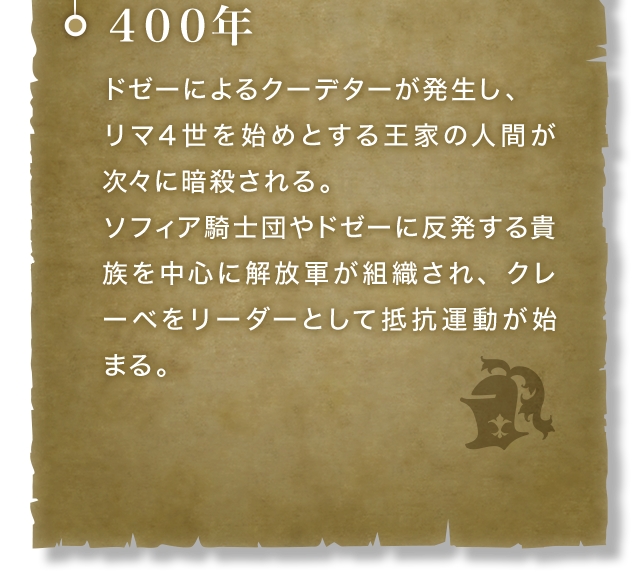 400年 ドゼーによるクーデターが発生し、リマ４世を始めとする王家の人間が次々に暗殺される。ソフィア騎士団やドゼーに反発する貴族を中心に解放軍が組織され、クレーベをリーダーとして抵抗運動が始まる。