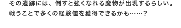 その遺跡には、倒すと強くなれる魔物が出現するらしい。戦うことで多くの経験値を獲得できるかも……？
