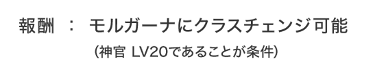 報酬：モルガーナにクラスチェンジ可能（神官 LV20であることが条件）