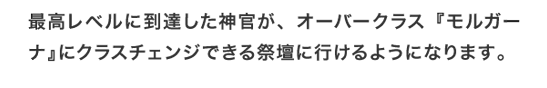 最高レベルに到達した神官が、オーバークラス『モルガーナ』にクラスチェンジできる祭壇に行けるようになります。
