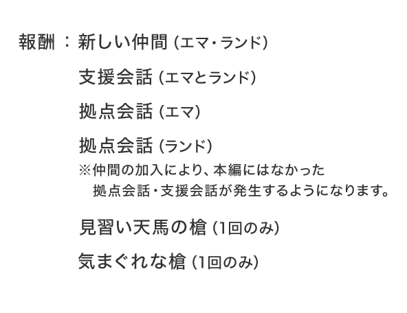 報酬：新しい仲間（エマ・ランド） 支援会話（エマとランド） 拠点会話（エマ） 拠点会話（ランド）※仲間の加入により、本編にはなかった拠点会話・支援会話が発生するようになります。 見習い天馬の槍（1回のみ） 気まぐれな槍（1回のみ）