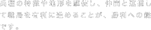 兵種の特徴や地形を駆使し、仲間と連携して戦局を有利に進めることが、勝利への鍵です。
