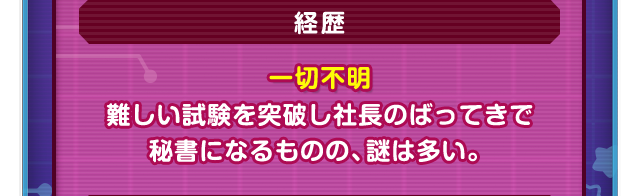 経歴　一切不明　難しい試験を突破し社長のばってきで秘書になるものの、謎は多い。