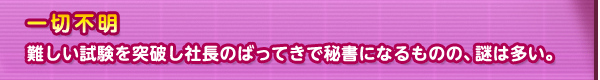 一切不明　難しい試験を突破し社長のばってきで秘書になるものの、謎は多い。