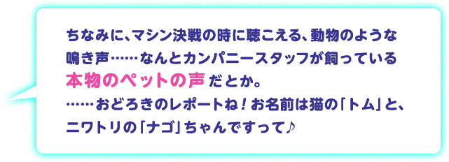 ちなみに、マシン決戦の時に聴こえる、動物のような鳴き声……なんとカンパニースタッフが飼っている本物のペットの声だとか。……おどろきのレポートね！お名前は猫の「トム」と、ニワトリの「ナゴ」ちゃんですって♪