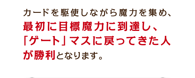 カードを駆使しながら魔力を集め、最初に目標魔力に到達し、「ゲート」マスに戻ってきた人が勝利となります。
