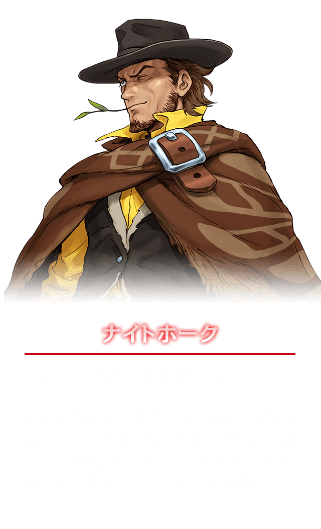 ナイトホーク　セプター掃討のため伯爵に雇われたセプター。伯爵の命を受けながらも、あまり忠誠心は持っておらず、独自の考えで行動することも多い。アレンたちに敵対はするが、根っからの悪人というわけではない。