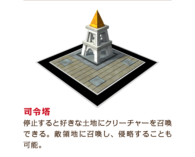 司令塔：停止すると好きな土地にクリーチャーを召喚できる。敵領地に召喚し、侵略することも可能。