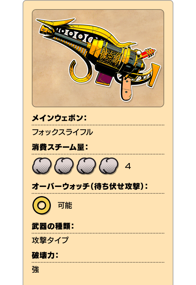 メインウェポン：フォックスライフル 消費スチーム量：4 オーバーウォッチ（待ち伏せ攻撃）：可能 武器の種類：攻撃タイプ 破壊力：強