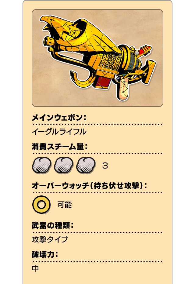 メインウェポン：イーグルライフル 消費スチーム量：3 オーバーウォッチ（待ち伏せ攻撃）：可能 武器の種類：攻撃タイプ 破壊力：中