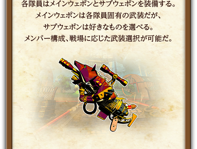 各隊員はメインウェポンとサブウェポンを装備する。メインウェポンは各隊員固有の武装だが、サブウェポンは好きなものを選べる。メンバー構成、戦場に応じた武装選択が可能だ。