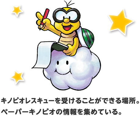 キノピオレスキューを受けることができる場所。ペーパーキノピオの情報を集めている。