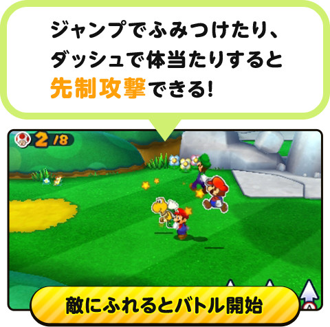 敵にふれるとバトル開始 - ジャンプでふみつけたり、ダッシュで体当たりすると先制攻撃できる！