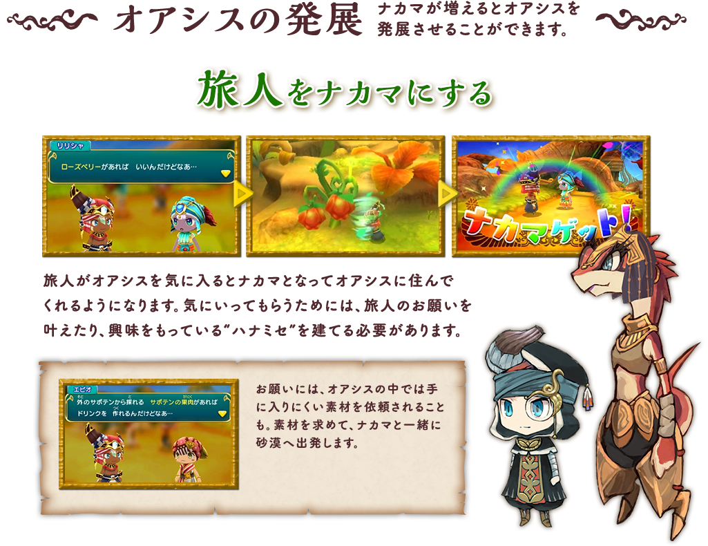 オアシスの発展 ナカマが増えるとオアシスを発展させることができます。 旅人をナカマにする 旅人がオアシスを気に入るとナカマとなってオアシスに住んでくれるようになります。気にいってもらうためには、旅人のお願いを叶えたり、興味をもっている“ハナミセ”を建てる必要があります。お願いには、オアシスの中では手に入りにくい素材を依頼されることも。素材を求めて、ナカマと一緒に砂漠へ出発します。