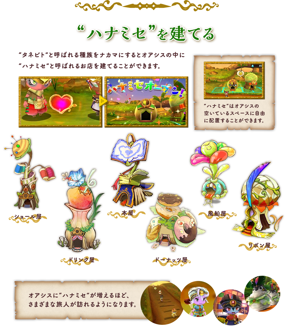 “ハナミセ”を建てる “タネビト”と呼ばれる種族をナカマにするとオアシスの中に“ハナミセ”と呼ばれるお店を建てることができます。”ハナミセ”はオアシスの空いているスペースに自由に配置することができます。ショール屋 ドリンク屋 本屋 ドーナッツ屋 風船屋 リボン屋 オアシスに“ハナミセ”が増えるほど、さまざまな旅人が訪れるようになります。