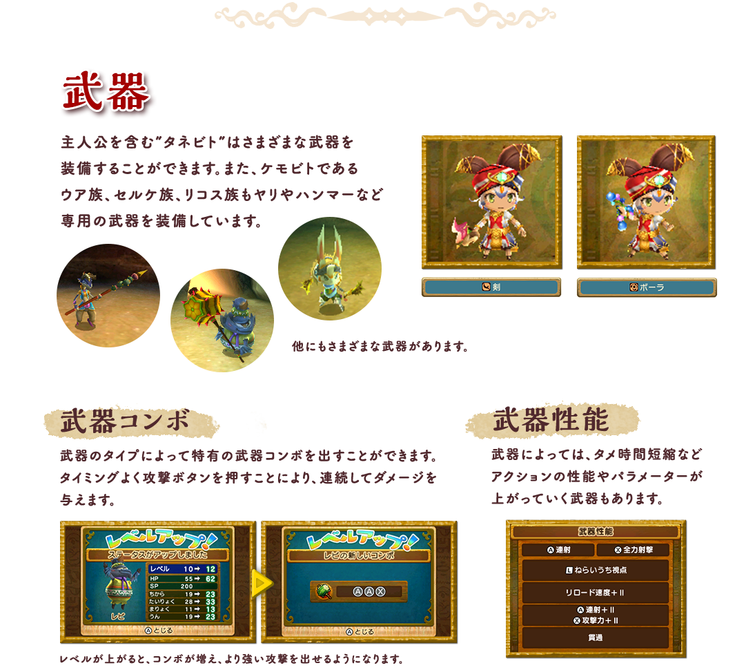 武器 主人公を含む”タネビト”はさまざまな武器を装備することができます。また、ケモビトであるウア族、セルケ族、リコス族もヤリやハンマーなど専用の武器を装備しています。他にもさまざまな武器があります。武器コンボ 武器のタイプによって特有の武器コンボを出すことができます。タイミングよく攻撃ボタンを押すことにより、連続してダメージを与えます。レベルが上がると、コンボが増え、より強い攻撃を出せるようになります。 武器性能 武器によっては、タメ時間短縮などアクションの性能やパラメーターが上がっていく武器もあります。