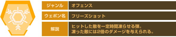 ジャンル：オフェンス　ウェポン名：フリーズショット　解説：ヒットした敵を一定時間凍らせる弾。凍った敵には2倍のダメージを与えられる。