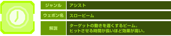 ジャンル：アシスト　ウェポン名：スロービーム　解説：ターゲットの動きを遅くするビーム。ヒットさせる時間が長いほど効果が高い。