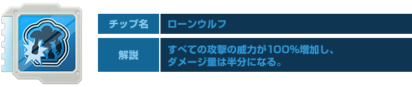 チップ名：ローンウルフ　解説：すべての攻撃の威力が100%増加し、ダメージ量は半分になる。