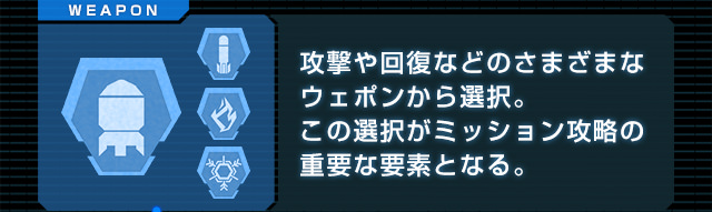 WEAPON 攻撃や回復などのさまざまなウェポンから選択。この選択がミッション攻略の重要な要素となる。