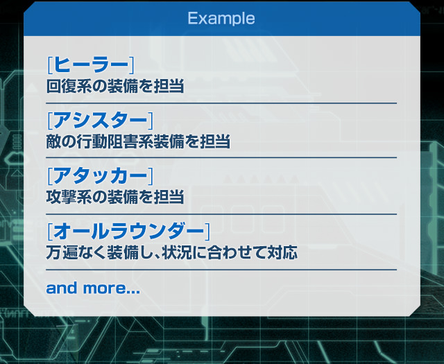 Example [ヒーラー]回復系の装備を担当 [アシスター]敵の行動阻害系装備を担当 [アタッカー]攻撃系の装備を担当 [オールラウンダー]万遍なく装備し、状況に合わせて対応 and more...