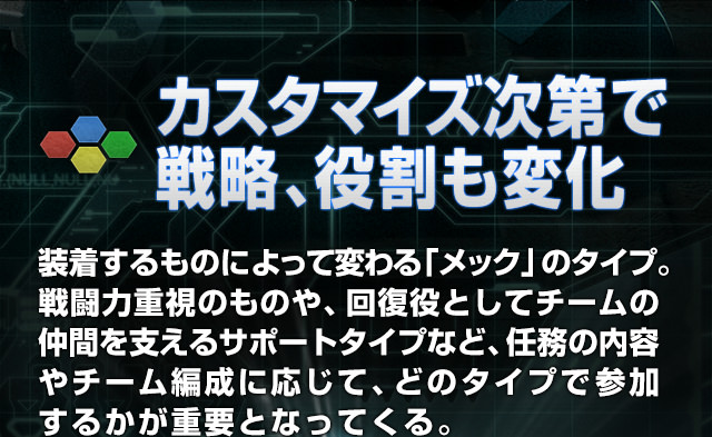 カスタマイズ次第で戦略、役割も変化。装着するものによって変わる「メック」のタイプ。戦闘力重視のものや、回復役としてチームの仲間を支えるサポートタイプなど、任務の内容やチーム編成に応じて、どのタイプで参加するかが重要となってくる。