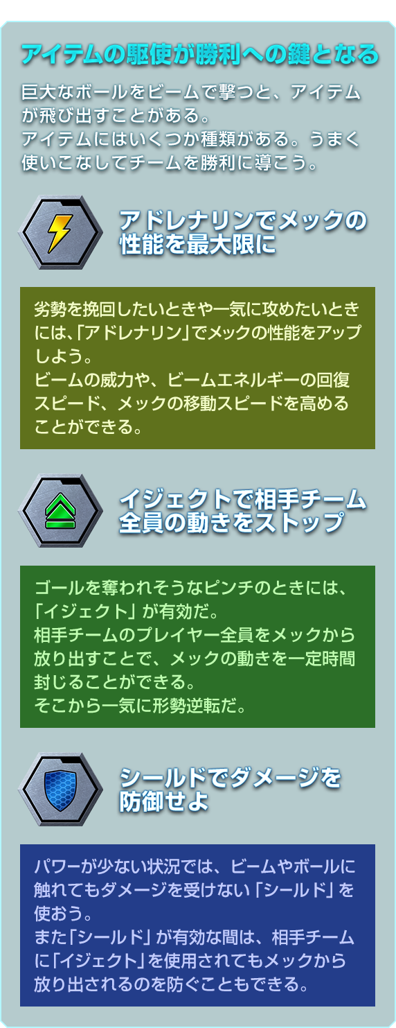 アイテムの駆使が勝利への鍵となる 巨大なボールをビームで撃つと、アイテムが飛び出すことがある。
アイテムにはいくつか種類がある。うまく使いこなしてチームを勝利に導こう。「アドレナリンでメックの性能を最大限に」劣勢を挽回したいときや一気に攻めたいときには、「アドレナリン」でメックの性能をアップしよう。ビームの威力や、ビームエネルギーの回復スピード、メックの移動スピードを高めることができる。「イジェクトで相手チーム全員の動きをストップ」ゴールを奪われそうなピンチのときには、「イジェクト」が有効だ。相手チームのプレイヤー全員をメックから放り出すことで、メックの動きを一定時間封じることができる。そこから一気に形勢逆転だ。「シールドでダメージを防御せよ」パワーが少ない状況では、ビームやボールに触れてもダメージを受けない「シールド」を使おう。また「シールド」が有効な間は、相手チームに「イジェクト」を使用されてもメックから放り出されるのを防ぐこともできる。