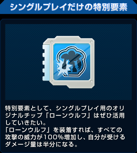 シングルプレイだけの特別要素 特別要素として、シングルプレイ用のオリジナルチップ「ローンウルフ」はぜひ活用していきたい。「ローンウルフ」を装着すれば、すべての攻撃の威力が100%増加し、自分が受けるダメージ量は半分になる。