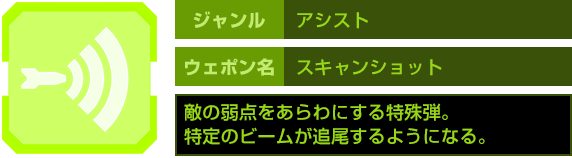 ジャンル：アシスト　ウェポン名：スキャンショット　敵の弱点をあらわにする特殊弾。特定のビームが追尾するようになる。