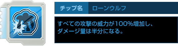 チップ名：ローンウルフ　すべての攻撃の威力が100%増加し、ダメージ量は半分になる。