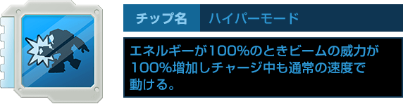 チップ名：ハイパーモード　エネルギーが100％のときビームの威力が100％増加しチャージ中も通常の速度で動ける。