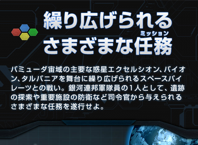 繰り広げられる、さまざまな任務（ミッション）バミューダ宙域の主要な惑星エクセルシオン、バイオン、タルバニアを舞台に繰り広げられるスペースパイレーツとの戦い。銀河連邦軍隊員の1人として、遺跡の探索や重要施設の防衛など司令官から与えられるさまざまな任務を遂行せよ。