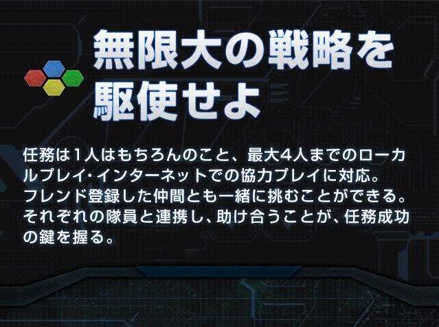 無限大の戦略を駆使せよ　任務は1人はもちろんのこと、最大4人までのローカルプレイ・インターネットでの協力プレイに対応。フレンド登録した仲間とも一緒に挑むことができる。それぞれの隊員と連携し、助け合うことが、任務成功の鍵を握る。