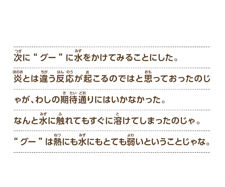 次に“グー”に水をかけてみることにした。
炎とは違う反応が起こるのではと思っておったのじゃが、わしの期待通りにはいかなかった。なんと水に触れてもすぐに溶けてしまったのじゃ。“グー”は熱にも水にもとても弱いということじゃな。