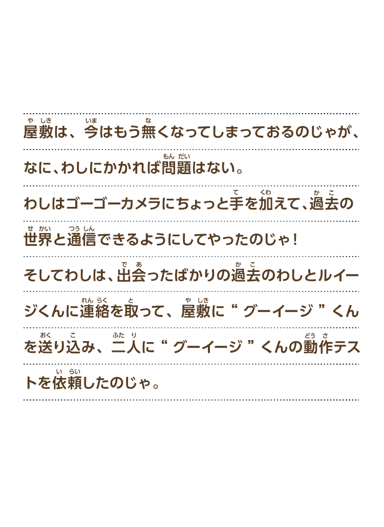 屋敷は、今はもう無くなってしまっておるのじゃが、なに、わしにかかれば問題はない。 わしはゴーゴーカメラにちょっと手を加えて、過去の世界と通信できるようにしてやったのじゃ！そしてわしは、出会ったばかりの過去のわしとルイージくんに連絡を取って、屋敷に“グーイージ”くんを送り込み、二人に“グーイージ”くんの動作テストを依頼したのじゃ。