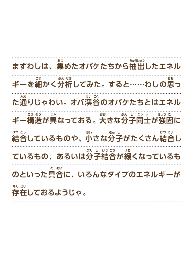 まずわしは、集めたオバケたちから抽出したエネルギーを細かく分析してみた。すると……わしの思った通りじゃわい。オバ渓谷のオバケたちとはエネルギー構造が異なっておる。大きな分子同士が強固に結合しているものや、小さな分子がたくさん結合しているもの、あるいは分子結合が緩くなっているものといった具合に、いろんなタイプのエネルギーが存在しておるようじゃ。