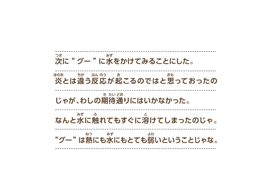 次に“グー”に水をかけてみることにした。炎とは違う反応が起こるのではと思っておったのじゃが、わしの期待通りにはいかなかった。なんと水に触れてもすぐに溶けてしまったのじゃ。“グー”は熱にも水にもとても弱いということじゃな。