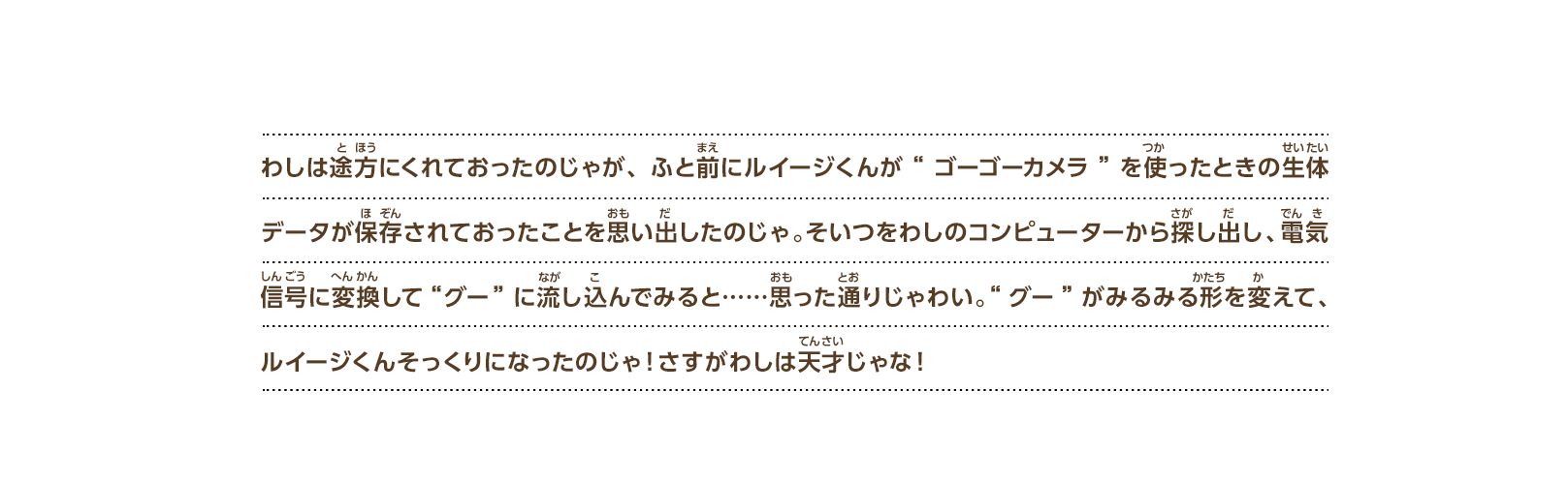 わしは途方にくれておったのじゃが、ふと前にルイージくんが“ゴーゴーカメラ”を使ったときの生体データが保存されておったことを思い出したのじゃ。そいつをわしのコンピューターから探し出し、電気信号に変換して“グー”に流し込んでみると……思った通りじゃわい。“グー”がみるみる形を変えて、ルイージくんそっくりになったのじゃ！さすがわしは天才じゃな！
